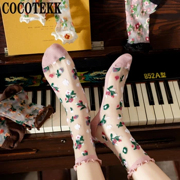Модерни Японски Корейски Жакард Дамски Чорапи Лятна прохлада Креативен Цветен Прозрачна Коприна Trend Принт-Тънки Стъклени Копринени Чорапи