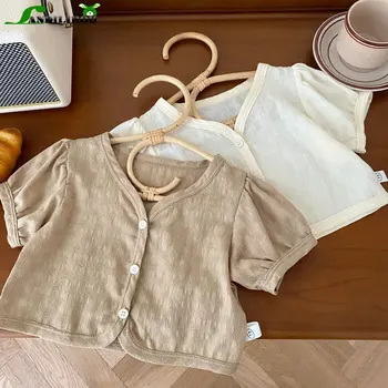 Риза 아동복 Лятна новост за деца, однобортный топ с отворени проветриваемыми ръкав за малки момичета, с климатик за бебета