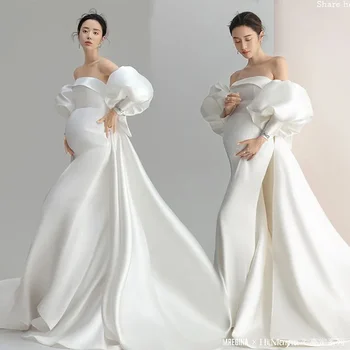 Новата студио Гао Динг Просто атласное Бяло Достойно Атмосферното рокля за бременни Фотография
