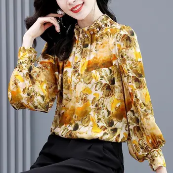 Пролет 2023, популярен пуловер с кръгло деколте, реколта женска риза, свободна и универсална Проста риза с дълъг ръкав с принтом