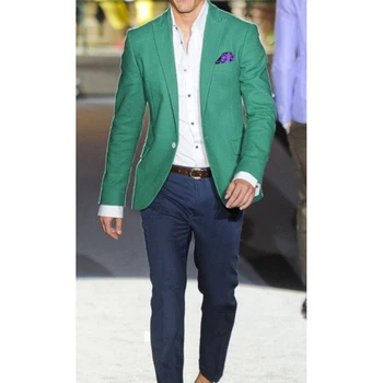 Яке, панталони, мъжки костюми от две части, обичайно лятото однобортное зелено палто, оборудвана костюм за почивка, Домашно облекло Masculino