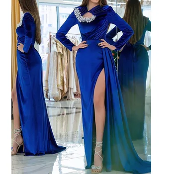 Вечерни рокли Royal Blue Русалка с цепка отстрани, Дълги ръкави, дантела 2023, вечерна рокля за абитуриентски бал, Рокли за бала в Саудитска Арабия
