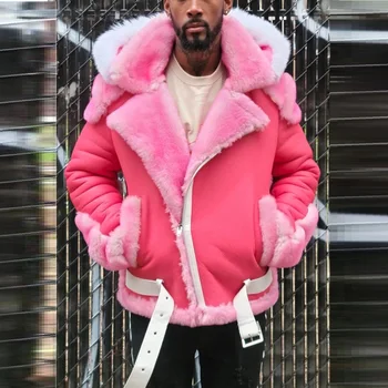 Нова зимно мъжко яке голям размер, мъжко палто, однотонная Мъжки дрехи от изкуствена кожа, Розов, черен цвят