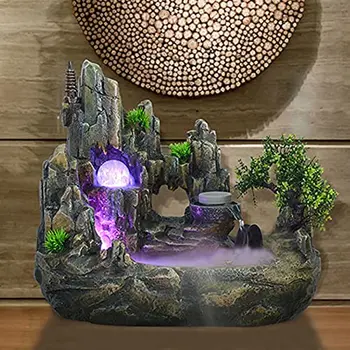 Brunnen Wasserfall, LED Desktop Harz Zimmerbrunnen RGB Farbwechsel Beleuchtung Zerstäuber Tischbrunnen Dekoration Schlafzimmer