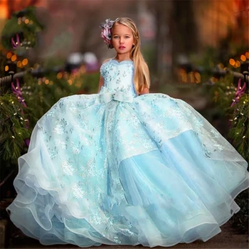 Рокля с цветя модел за момиче Без ръкав от пухкав тюл с завързана принтом, многопластови рокли на принцеси за първо причастие, подарък-изненада за рожден Ден