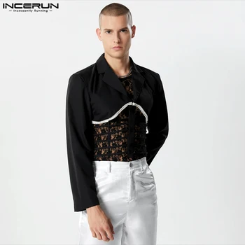 INCERUN Мъжки сако в стил мозайка с ревера и дълъг ръкав Ежедневни костюми Градинска облекло 2023 Мода на копчета Унисекс Скъсяване на козината S-5XL