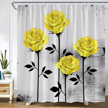 Завеси за душ с цветя, жълти рози, Листа от черен растения, живопис, цветен и модерен модерен женски декор за баня, комплект за пердета за баня