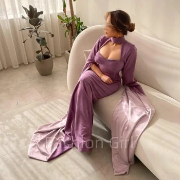 Елегантни дълги лилави кадифени рокли за абитуриентски бал с дълги ръкави с дължина до пода, вечерна рокля за официални събития за жени на поръчка 2024