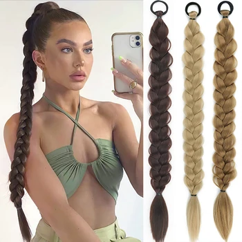 24-Инчов синтетични Дълга плетена коса за изграждане на опашка с ластик Боксови Плетена коса и за ежедневна употреба от жени