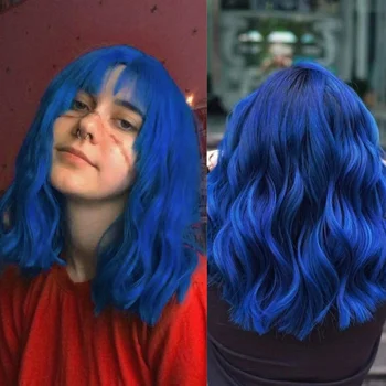 Синтетични перуки HAIRCUBE с къси сини къдрава вълни за черни жени, Копринена естествени перуки с бретон, Топлоустойчива коса за cosplay, партита