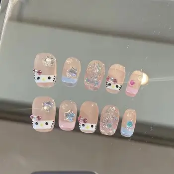 Sanrio Hellokitty Френски помощ за изграждане на нокти, в кратко и средно стил, помощ за изкуствени нокти ръчно изработени