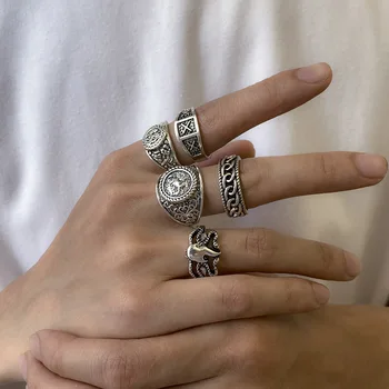 5 бр. Комплект пръстени за пръстите на Anillo, реколта геометрични готини неща, пръстен-печат, мъжки бижута в стил пънк-готически