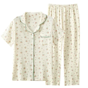 Лятна дамска пижама от фин цветен принтом във формата на рози, памучни панталони с отложным яка и къс ръкав, пижама, Свободни и удобни пижами