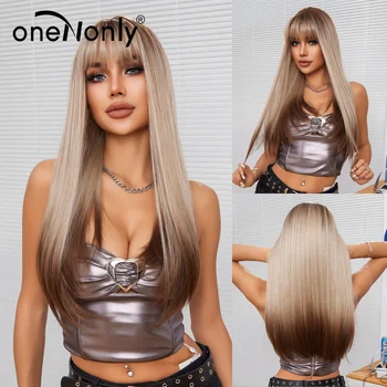 Дълъг рус перука OneNonly за жени, синтетични перука с бретон, директен перука, cosplay, ежедневно парти, естествена коса, Топлоустойчиви