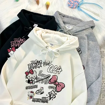 Hoody с качулка с принтом Kawaii Hello Kitty, аниме, карикатура на Sanrio, дамска есенно-зимна hoody, Нови женски свободни тънки блузи Midi в подарък