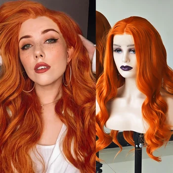RONGDUOYI Оранжева вълна на коса от Синтетични перука Натурална линия на растеж на косата на Дълга коса Перуки дантела прозорци отпред Грим от бесклеевого влакна Cosplay Използването на жени
