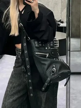Черна чанта-месинджър голям капацитет за жени, дамски чанта за пазаруване в байкерском стил, реколта луксозна чанта с цип, в чантата