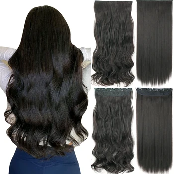 22-Цолови синтетични наращенные косата, едно парче 5 щипки, дълги вълнообразни резултати при висока температура влакна, черен, кафяв, светла перука за жени