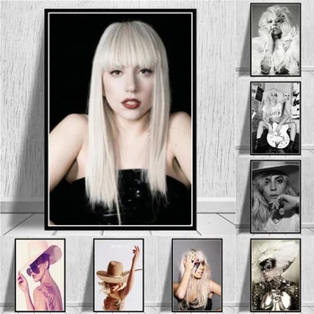 Плакати и щампи със звездите Певица Лейди Гага и Поп-арт Платно Картина, Черно-бяла Женска фигурка Картина Декор за дома