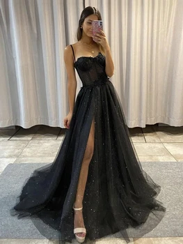 Лъскава черна рокля за абитуриентски бал С корсет във формата на сърце, Вечерни рокли с 3D цветя на спагети презрамки, с Дълги вечерни рокли с цепка отстрани