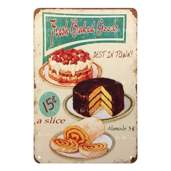Лидице знак за прясно изпечени сладкиши, пръстен за крем за торта, Десерт плоча с вкусни ягоди, реколта метални консервени означения, кафенета, барове, заведения