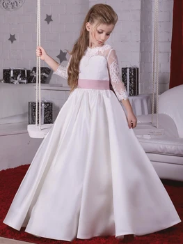 Бели Елегантни рокли за момичета-цветочниц, атласное дантела, с розов колан-лък, 3/4 ръкав за сватба, рожден Ден, празнични рокли на Принцеса
