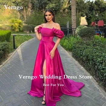 Verngo Fuschia Satin 2023, Дълги вечерни рокли с отворени рамене, къдри, сплит, Дубай, арабско женствена рокля за официални партита