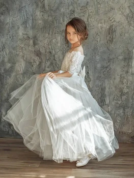 Бяла рокля с цветен модел за момичета, в началото на с кружевными апликации от тюл и голям лък, къс ръкав за сватба, рожден Ден, рокля за първо причастие