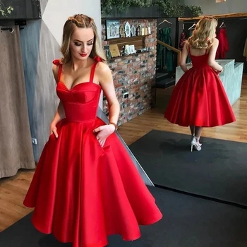 ANGELSBRIDEP, червени сатенени рокли за абитуриентски бал, реколта 1950-те години, коктейлни рокли за спагети презрамки с джобове, за прекрасни момичета, елегантна вечерна рокля