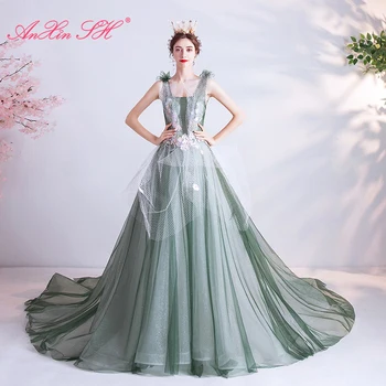 AnXin SH princess зелено дантелено вечерна рокля с цветя, рози, винтажное дълга вечерна рокля без ръкави с v-образно деколте, расшитое перли и кристали 2286