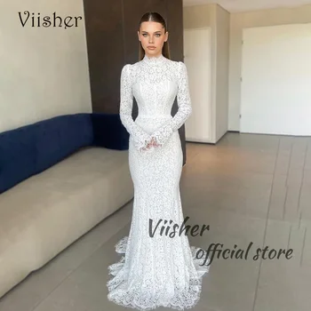 Viisher Луксозни Дантелени апликации Сватбени рокли на Русалка с дълъг ръкав и висока воротом Израелското рокля на булката Плажни рокли Сватба за младоженци