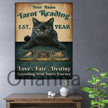 Черна котка свири на плаката Таро, Персонални Подаръци с името и годината на раждане, плакати за четене Таро, стенни артистични щампи, начало декор за хола