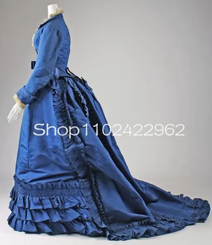 Тъмно синя бална рокля във викториански стил в стил steampunk за бала с дълъг ръкав и рюшами от коприна в изпъстрени Историческо вечерна рокля Western Reserve