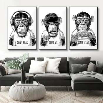 Забавна картина с животни, Бяла Черна Горила Картини върху платно Стенно изкуство Творчески цитат Щампи плакати с маймуни за всекидневна декор