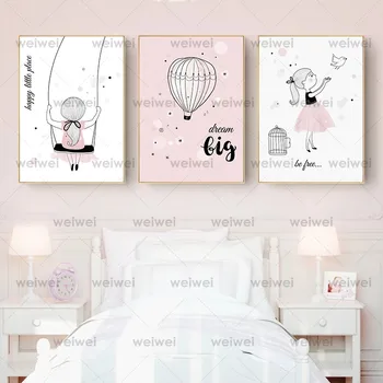 Розово плакат с изображение на анимационни момичета на платно, птици, стенни живопис в детска градина, плакати на скандинавскую тема и щампи, стенни пана, интериор на детска спалня
