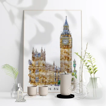 Акварел плакат Лондон Биг Бен, Художествена печат с красиви гледки на Лондон, Стикери за стена, за да пътуват по света Биг Бен, Подарък за дома