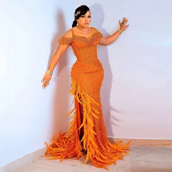 По-големи размери, Африкански рокли за официални събития, Луксозни Пера, бродирани с мъниста, Оранжевото рокля за бала, Вечерна рокля в Нигерия стил Aso Ebi, сшитое по поръчка