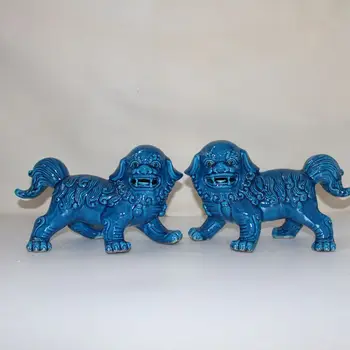 Китайските сините порцеланови статуи на Foo Fu Dog Guardion Lion от керамика 11,0 см