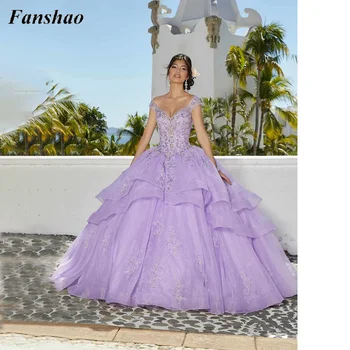 Fanshao wd757 Пищни рокля с V-образно деколте И Аппликацией От Диференцирани Тюл С пайети, Вечерна рокля Sweet 16, Сшитое по Поръчка На Бала, Вечерна рокля