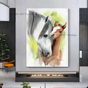 100% Ръчно рисувани Коне с маслени Бои върху платно Стенно изображение на животните Модерни абстрактни картини за декорация на дома в хола