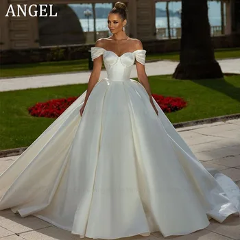 Сватбена рокля ANGEL Simple от сатен за булката 2024, с открити рамене, с яка-сърце, дантела отзад, пенливи сватбена рокля