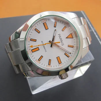 Parnis 40 мм Бял циферблат Мъжки механични часовници Miyota Каишка от неръждаема стомана с автоматично от сапфирен кристал, мъжки часовник