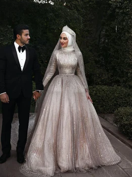 Блестящи мюсюлмански булчински рокли с пайети с дълъг ръкав и воал в тон, сватбени рокли в Дубай, сватбената рокля Vestidos De Новия