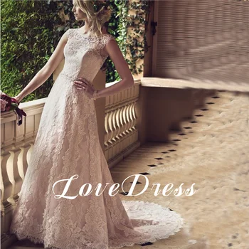 LoveDress Очарователно дантелено сватбена рокля с кръгло деколте, топ без ръкави, Шапка копчета, Елегантна сватбена рокля с бродерия 2024 г., robe de mariee