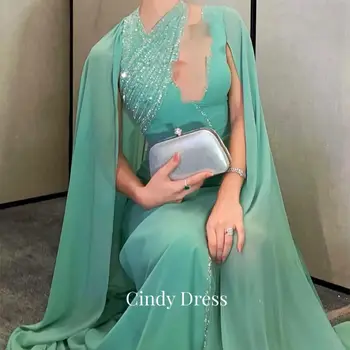 Синди Грийн, шал от мъниста с V-образно деколте, дълги опашки, Елегантни рокли за гости Саудитска сватба за жени, вечерна рокля, Абитуриентски вечер, Гала-концерт на 2023 г.