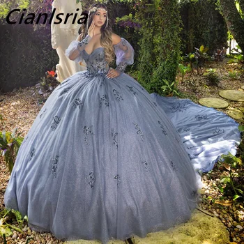 Опушен-синя бална рокля с подвижна ръкав, Буйни рокли, апликация с пайети, Дантела корсет, Vestidos De 15 Años