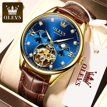 OLEVS, нови модни механични часовници Blue Moon Phase за мъже, кожена каишка, водоустойчив луксозни часовници с бриллиантовым турбийоном, мъжки