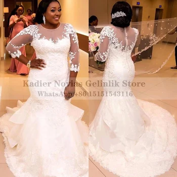 Дълги Бели дантелени рокли на Русалка голям размер 2021 година в Нигерия стил с ръкави, сватбената рокля Robe Mariage Femme