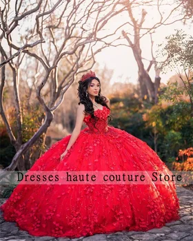 Нови постъпления, Червени дантелени буйни рокли, бална рокля 2023, Мексико, принцеса, 3D Цветя, Сладки 16-часово рокля за бала, на 15-годишна