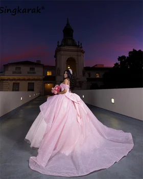 Лъскави розови буйни рокля с открити рамене 2023 Апликация Перли с открити рамене Блясък Vestido Deputante 15 Anos 16th абитуриентски бал